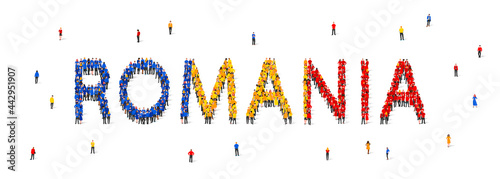 A crowd of people are standing in blue, yellow and red robes, making up the word Romania. Romania flag made from people.