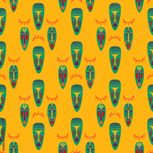 Tribal Masks Seamless Vector Pattern. African Ethnic Masks. Hand Drawn Elements. Colorful Illustration.