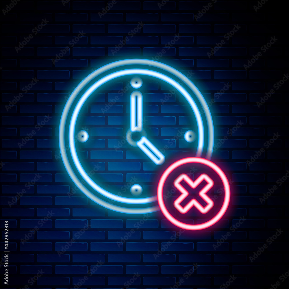 Glowing neon line Clock delete icon isolated on brick wall background. Time symbol. Colorful outline concept. Vector Glowing neon line Clock delete icon isolated on brick wall background. Time symbol. Colorful outline concept. Vector