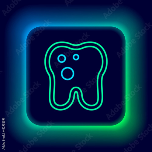 Glowing neon line Tooth with caries icon isolated on black background. Tooth decay. Colorful outline concept. Vector