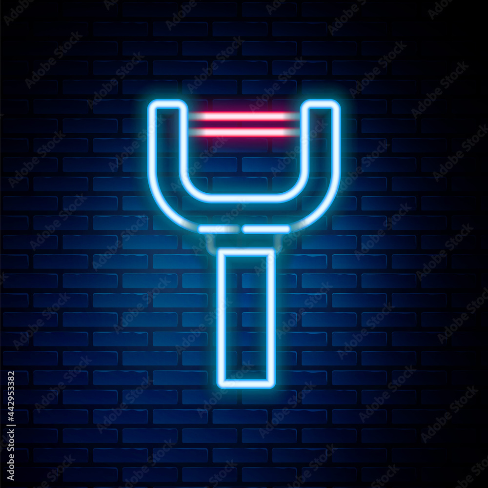 Glowing neon line Peeler icon isolated on brick wall background. Knife for cleaning of vegetables. Kitchen item, appliance. Colorful outline concept. Vector Glowing neon line Peeler icon isolated on brick wall background. Knife for cleaning of vegetables. Kitchen item, appliance. Colorful outline concept. Vector