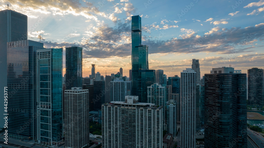 Saint Regis Tower Drone Photo During Sunset Chicago IL 