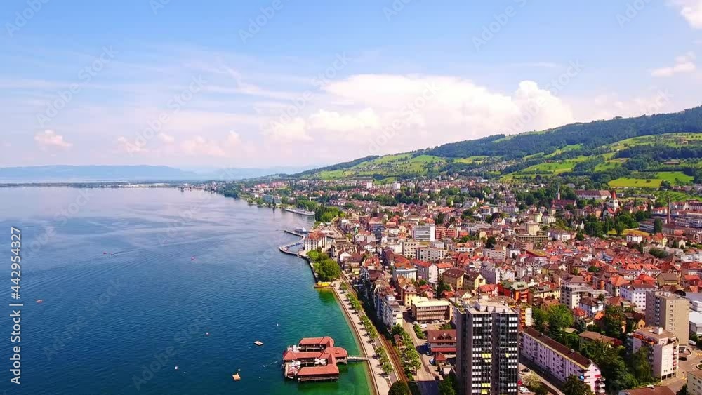 The natural view of Rorschach near Bodensee, Switzerland, and the surrounding green mountain ranges and Europeen style buildings