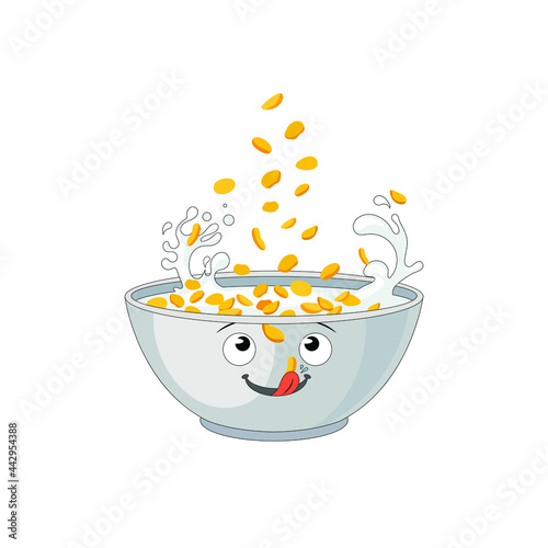 Vector cereal bowl, corn flakes falling into a bowl isolated on white background, funny cartoon character, breakfast concept.

