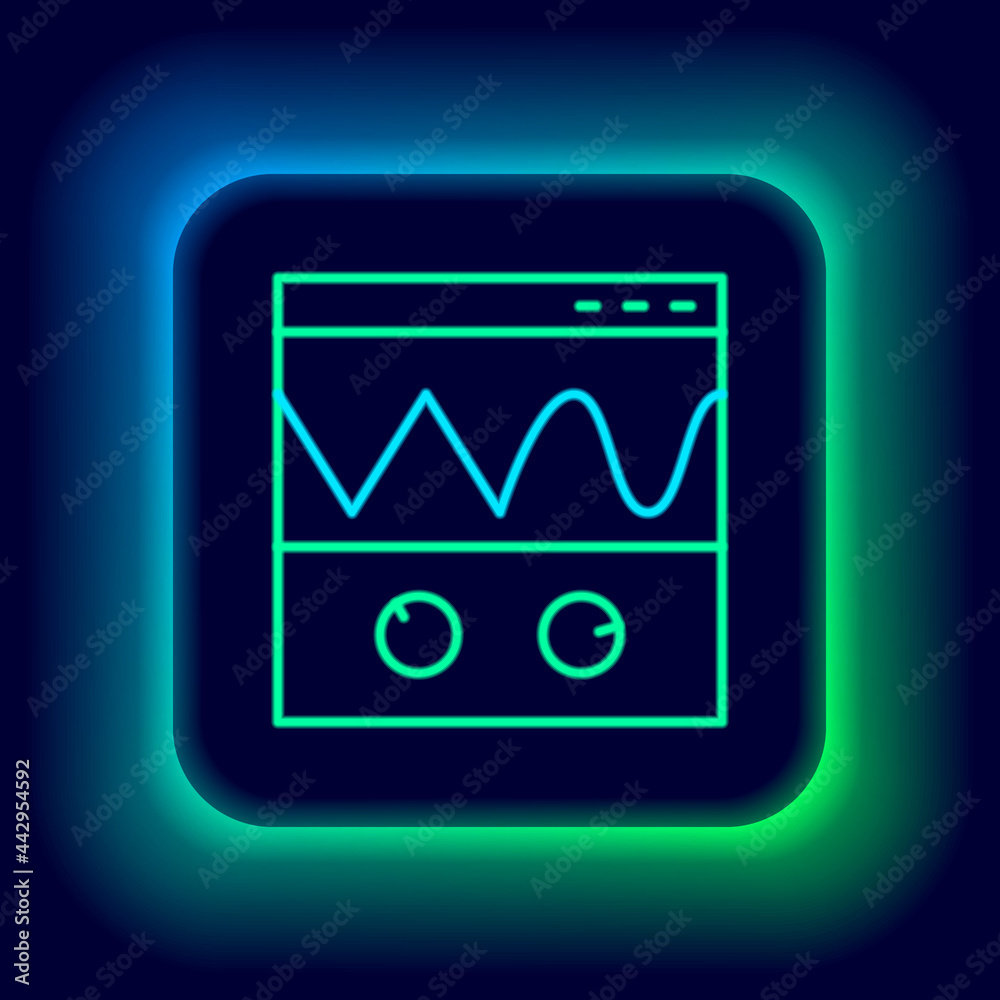 Glowing neon line Oscilloscope measurement signal wave icon isolated on black background. Colorful outline concept. Vector Glowing neon line Oscilloscope measurement signal wave icon isolated on black background. Colorful outline concept. Vector