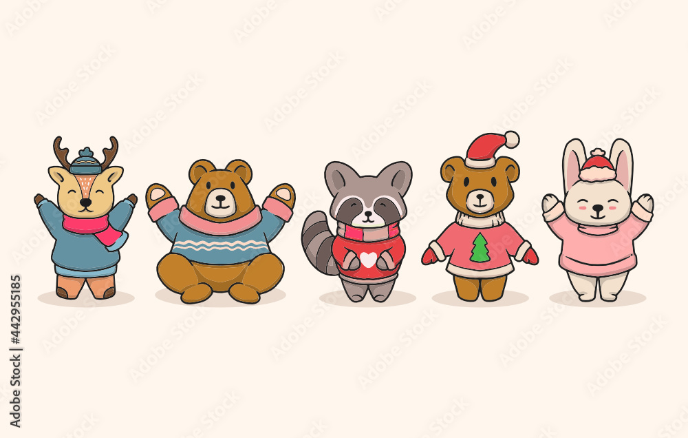 Naklejka premium Cute forest animal with winter Christmas cloth