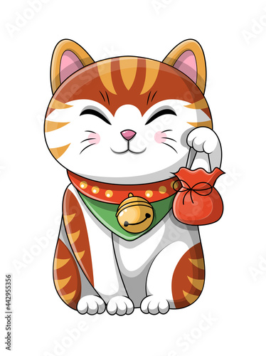 Cute cartoon cat wearing a bell around its neck