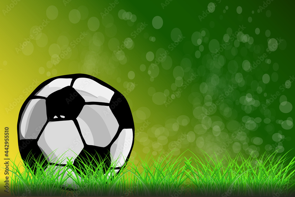 Naklejka premium Soccer ball on green grass background. Football concept. Soccer poster or card template with copy space. Football teams competition, sport clubs tournament banner or cover. Stock vector illustration
