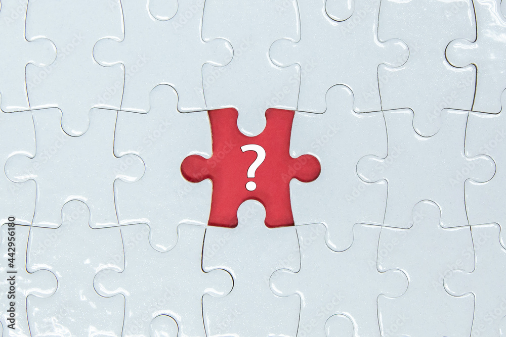 Missing a pieces of puzzle in the center, red space with question mark icon. Missing a pieces of puzzle in the center, red space with question mark icon.