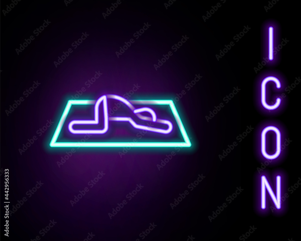Glowing neon line Muslim man prays on the carpet icon isolated on black background. Colorful outline concept. Vector Glowing neon line Muslim man prays on the carpet icon isolated on black background. Colorful outline concept. Vector