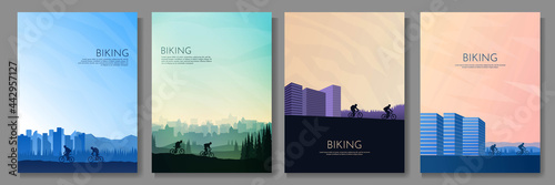 Mountain bike. Travel concept of discovering, exploring and observing nature. Cycling. Adventure tourism. Flat graphic polygonal landscape. Minimalist design for poster, book cover, magazine, brochure