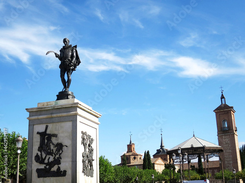 The Miguel de Cervantes Monument locate on the Cervantes Square (Plaza de Cervantes) in his hometown Alcalá de Henares, SPAIN