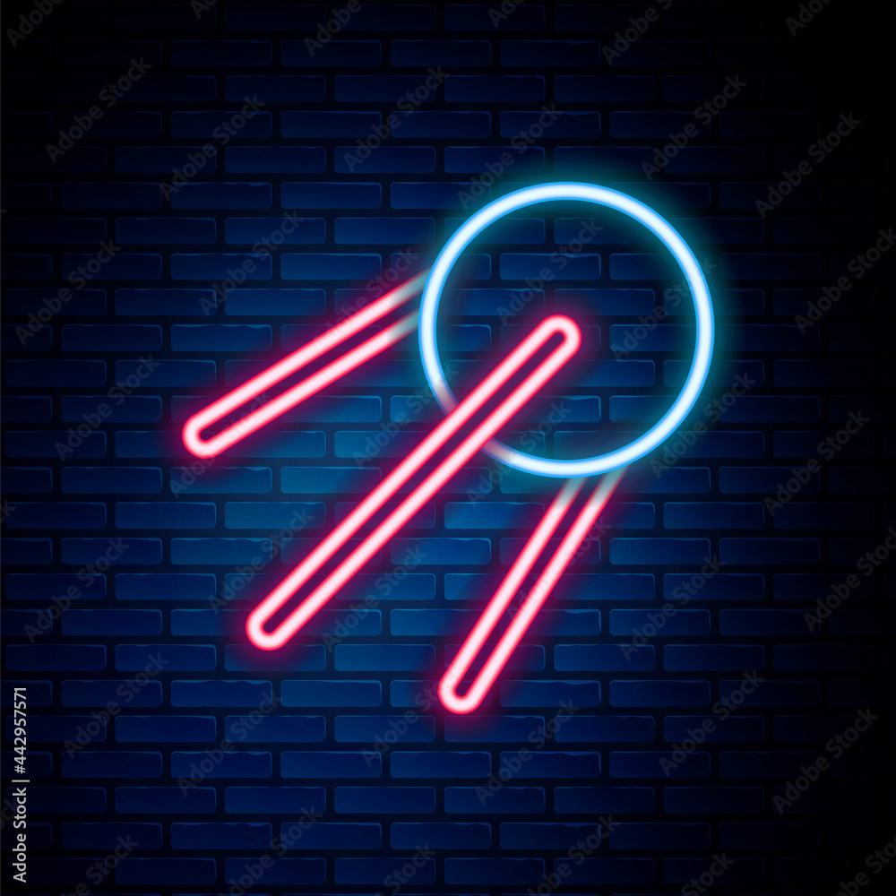 Glowing neon line Satellite icon isolated on brick wall background. Colorful outline concept. Vector Glowing neon line Satellite icon isolated on brick wall background. Colorful outline concept. Vector