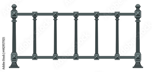 Iron railings. Metal work. Balcony. Handrails. Modern architecture. Wrought iron fence. Isolated. White background. Template for design. Vector.