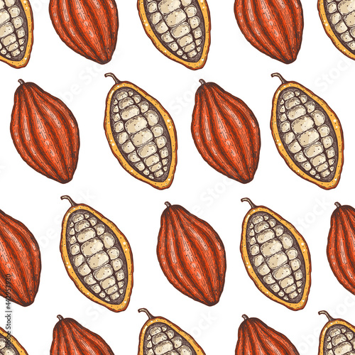 Cocoa seamless pattern. Cocoa beans vector illustration. Chocolate beans. Background design. Hand drawn illustration. Can used for packaging design.