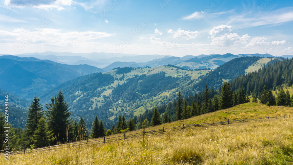 Amazing mountain landscape with blue sky with white clouds, sunny summer day in Carpathians, Ukraine