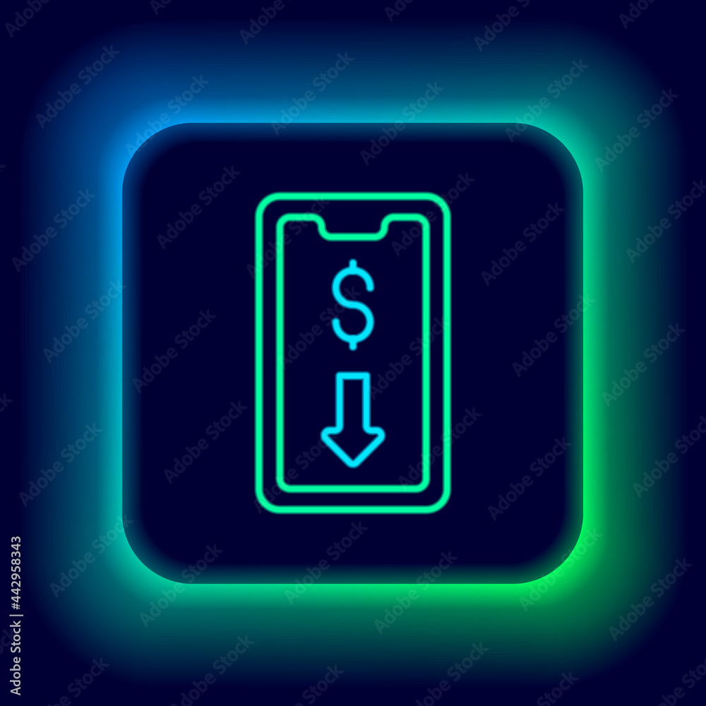 Glowing neon line Mobile stock trading concept icon isolated on black background. Online trading, stock market analysis, business and investment. Colorful outline concept. Vector Glowing neon line Mobile stock trading concept icon isolated on black background. Online trading, stock market analysis, business and investment. Colorful outline concept. Vector