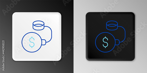 Line Debt ball chained to dollar coin icon isolated on grey background. Big heavy debt weight with shackles and money. Financial crime, fee, crisis. Colorful outline concept. Vector