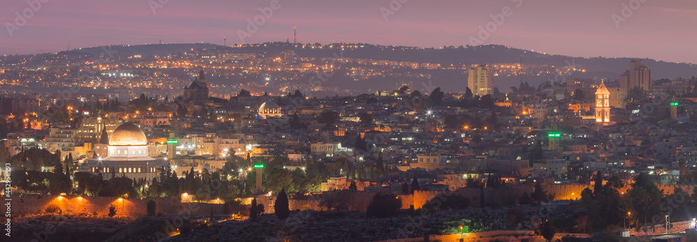 Jerusalem Old City night panorama: Dome of the Rock mosque, Abbey of the Dormition, Hurva Synagogue
