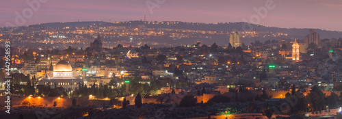 Jerusalem Old City night panorama: Dome of the Rock mosque, Abbey of the Dormition, Hurva Synagogue