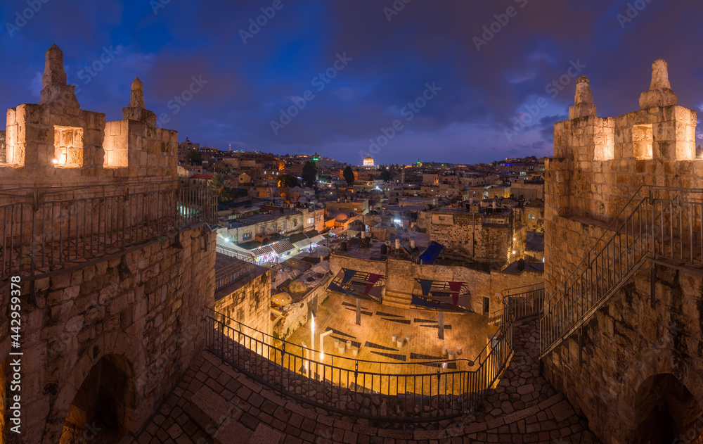 Jerusalem Old City night panorama from Damascus gate
