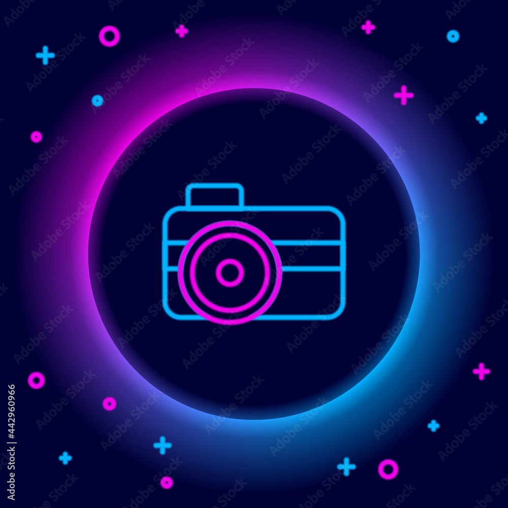 Glowing neon line Photo camera for diver icon isolated on black background. Foto camera icon. Diving underwater equipment. Colorful outline concept. Vector Glowing neon line Photo camera for diver icon isolated on black background. Foto camera icon. Diving underwater equipment. Colorful outline concept. Vector
