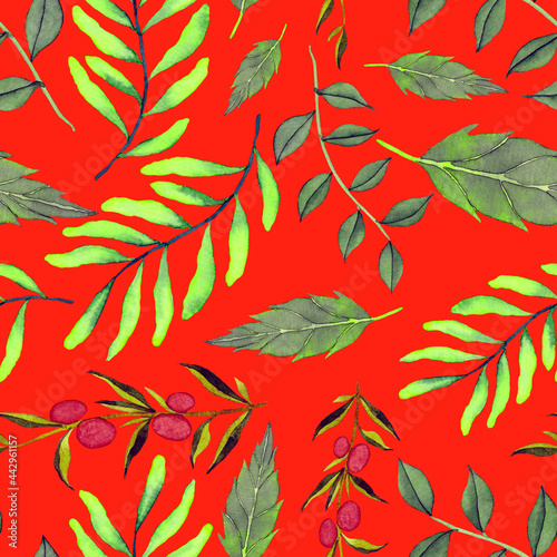 Watercolor seamless pattern with vintage leaves. Beautiful botanical print with colorful foliage for decorative design. Bright spring or summer background. Vintage wedding decor. Textile design.