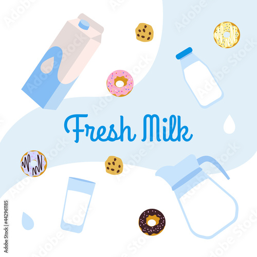 Vector set of milk. Jug, glass, milk carton, cookies, donut, milk bottle.