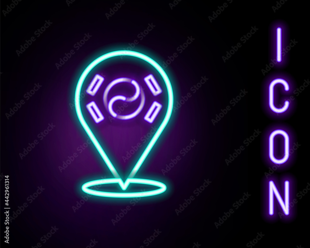 Glowing neon line Location South Korea icon isolated on black background. Colorful outline concept. Vector Glowing neon line Location South Korea icon isolated on black background. Colorful outline concept. Vector