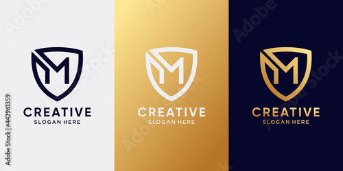 Creative shield logo design initial letter M with line art style. Logo icon for business company