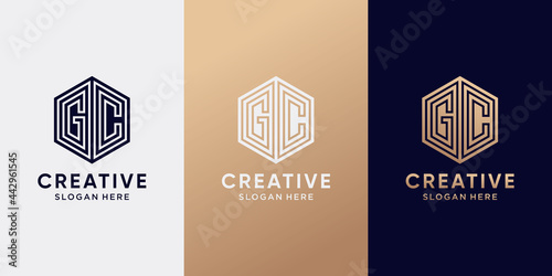 Creative monogram logo design initial letter GC with line art style and hexagon concept. Logo icon for business company and personal