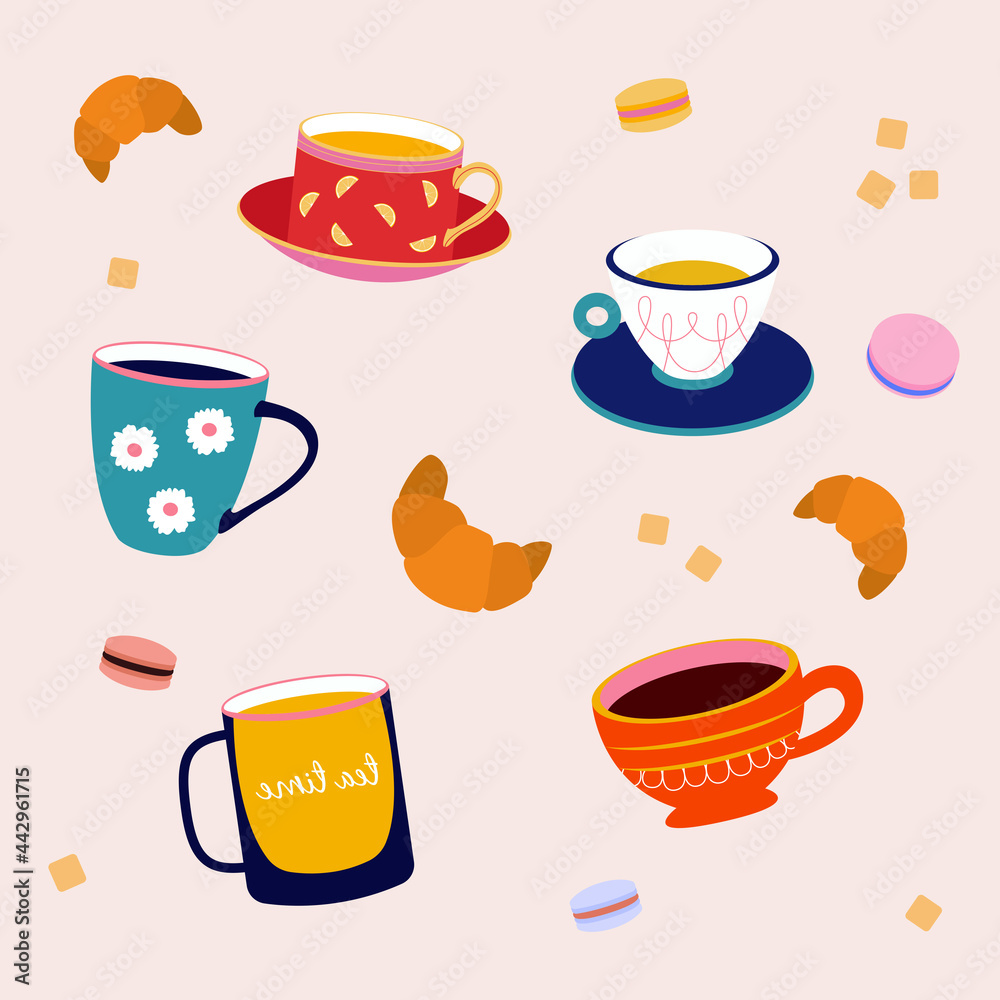 Cute set of vector cups and glasses for a coffee or tea break. Cup, coffee to go, coffee, glass, cappuccino, americano, espresso, tea, drink, break, lunch, afternoon snack, brown Cute set of vector cups and glasses for a coffee or tea break. Cup, coffee to go, coffee, glass, cappuccino, americano, espresso, tea, drink, break, lunch, afternoon snack, brown
