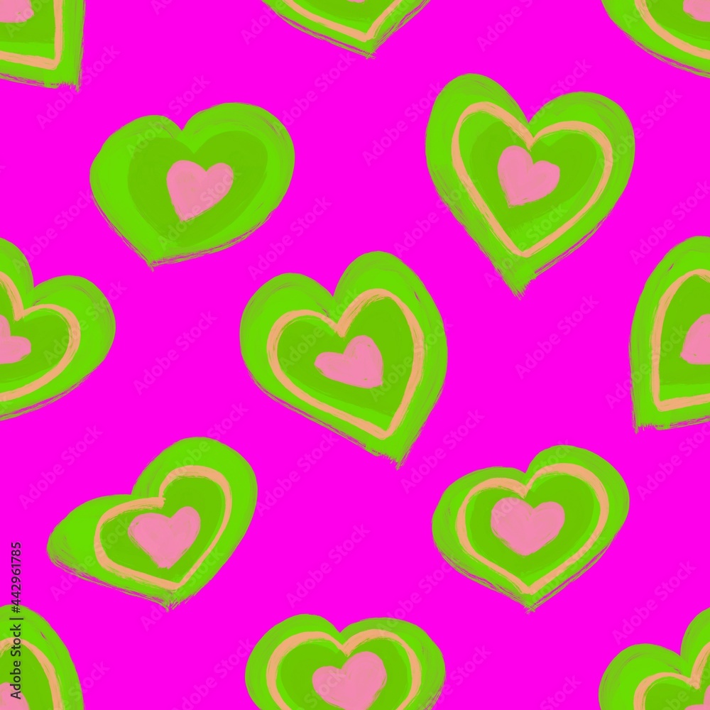 Green hearts on a purple background. Love symbol. Seamless pattern. Pattern for valentine's day, birthday, holidays, fabric, textile, packaging, clothing. Green hearts on a purple background. Love symbol. Seamless pattern. Pattern for valentine's day, birthday, holidays, fabric, textile, packaging, clothing.