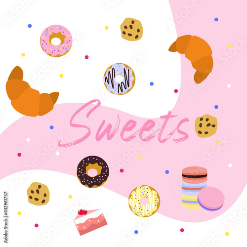 Cute vector set of sweets for tea and coffee. Donut, cookies, macaroon, croissant, pink, break, lunch.