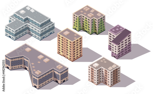 Collection of vector isometric high rise buildings and street elements with place for parking. City or town map construction elements. Icons representing multi story building. Houses, homes or offices