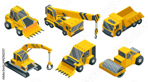 Construction machinery isometric set. Heavy transportation. Icons collection representing heavy mining and road industry. Career and construction transport