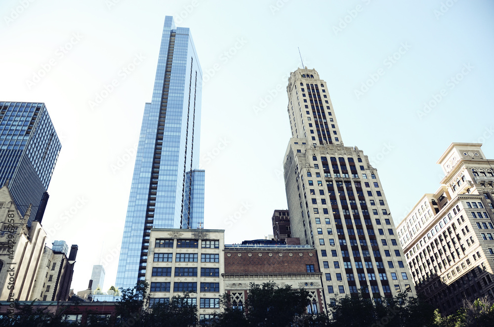 Fototapeta premium USA, CHICAGO: Scenic cityscape view with skyscrapers