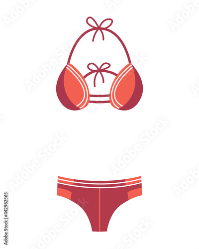 Fashion swimsuit. Flat icon of cartoon trendy female beachwear. Two-piece swimming suit or bathing girls and womans underwear lingerie. Vector colorful swimwear