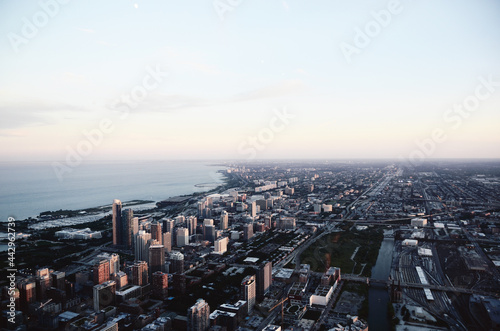 USA, CHICAGO: Evening aerial cityscape view of skyscrapers