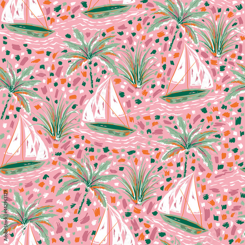 Beautiful and cute hand paint brush strokes sailboats and palm tree seamless pattern illustration vector EPS10,Design for fashion , fabric, textile, wallpaper, cover, web , wrapping and all prints