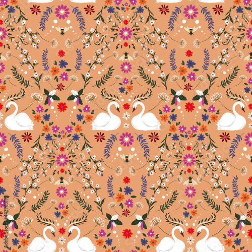Fototapeta Naklejka Na Ścianę i Meble -  Vintage delicate small flower with white swan and bumblebee fantasy seamless pattern vector design,Design for fashion , fabric, textile, wallpaper, cover, web , wrapping and all prints