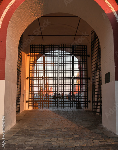 Moscow, Russia - 06.24.2021: Red Square and Kremlin view through the ancient iron grid