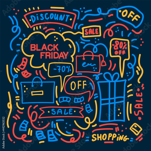 Black Friday pattern. Black Friday Big Discount poster linear background. Promo concept of the pattern sale. Vector illustration