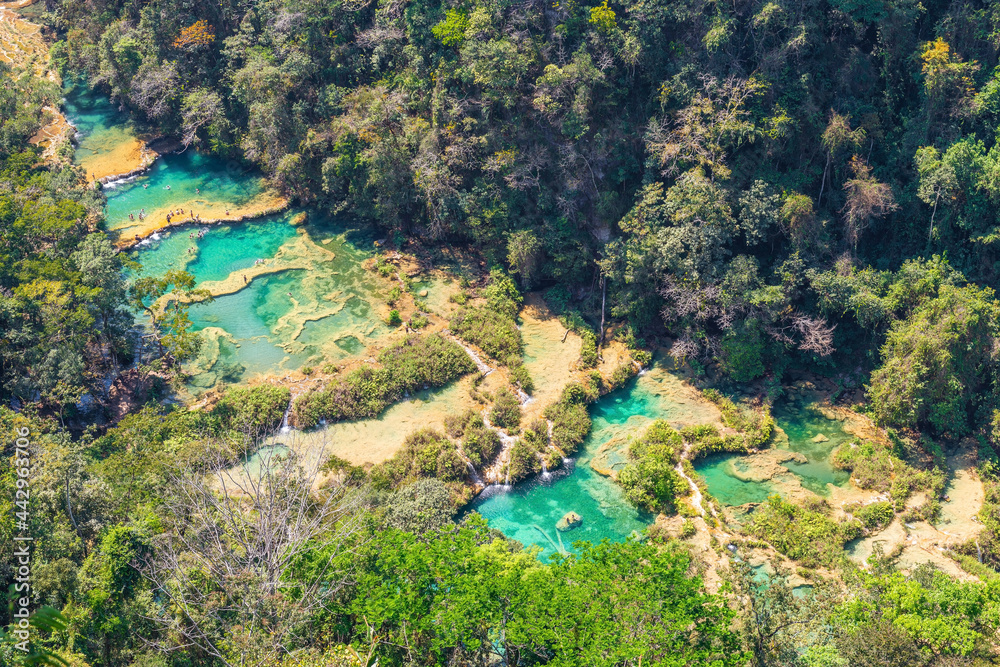 Aerial landscape of the Semuc Champey Cascades along the Cahabon river, Peten Rainforest, Guatemala.