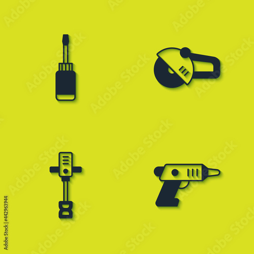 Set Screwdriver, Electric cordless screwdriver, Electrical hand concrete mixer and Angle grinder icon. Vector