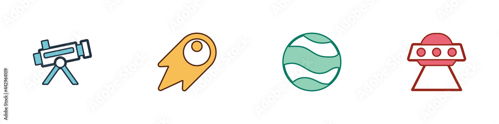 Set Telescope, Comet falling down fast, Planet and UFO flying spaceship icon. Vector Set Telescope, Comet falling down fast, Planet and UFO flying spaceship icon. Vector