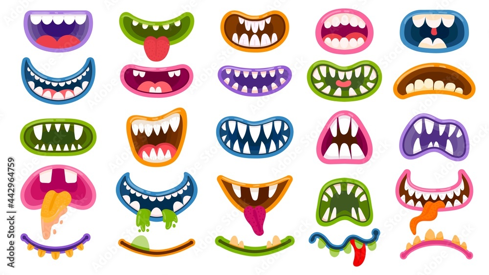 Cartoon monster mouths. Scary and funny mouth with teeth and tongue. Halloween masks, monsters joker laugh and creepy clown smile vector set