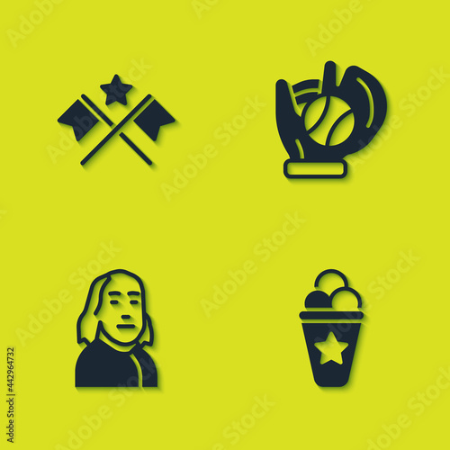Set American flag, Ice cream in waffle cone, Benjamin Franklin and Baseball glove with ball icon. Vector