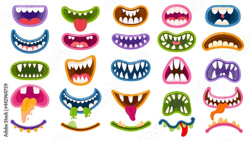 Cartoon monster mouths. Scary and funny mouth with teeth and tongue. Halloween masks, monsters joker laugh and creepy clown smile vector set