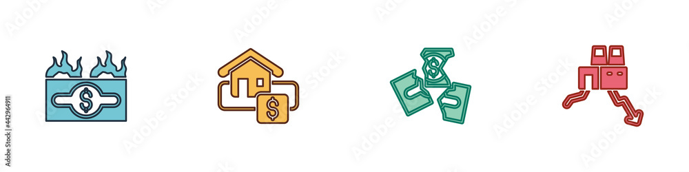 Set Burning dollar bill, Hanging sign with Sale, Tearing money banknote and Shutdown of factory icon. Vector Set Burning dollar bill, Hanging sign with Sale, Tearing money banknote and Shutdown of factory icon. Vector